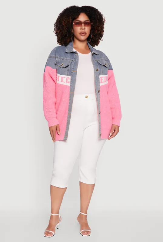 Plus Size Color Block Chic Graphic Knit Denim Jacket sold by Rainbow