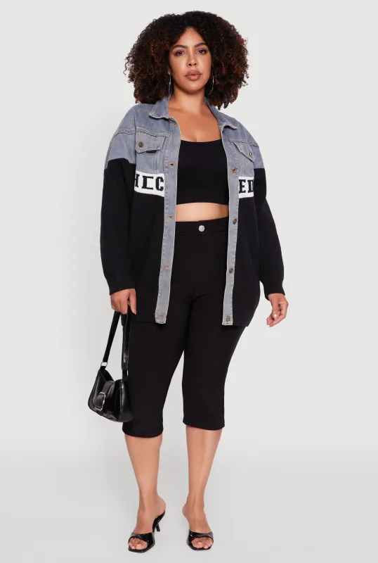 Plus Size Color Block Chic Graphic Knit Denim Jacket sold by Rainbow