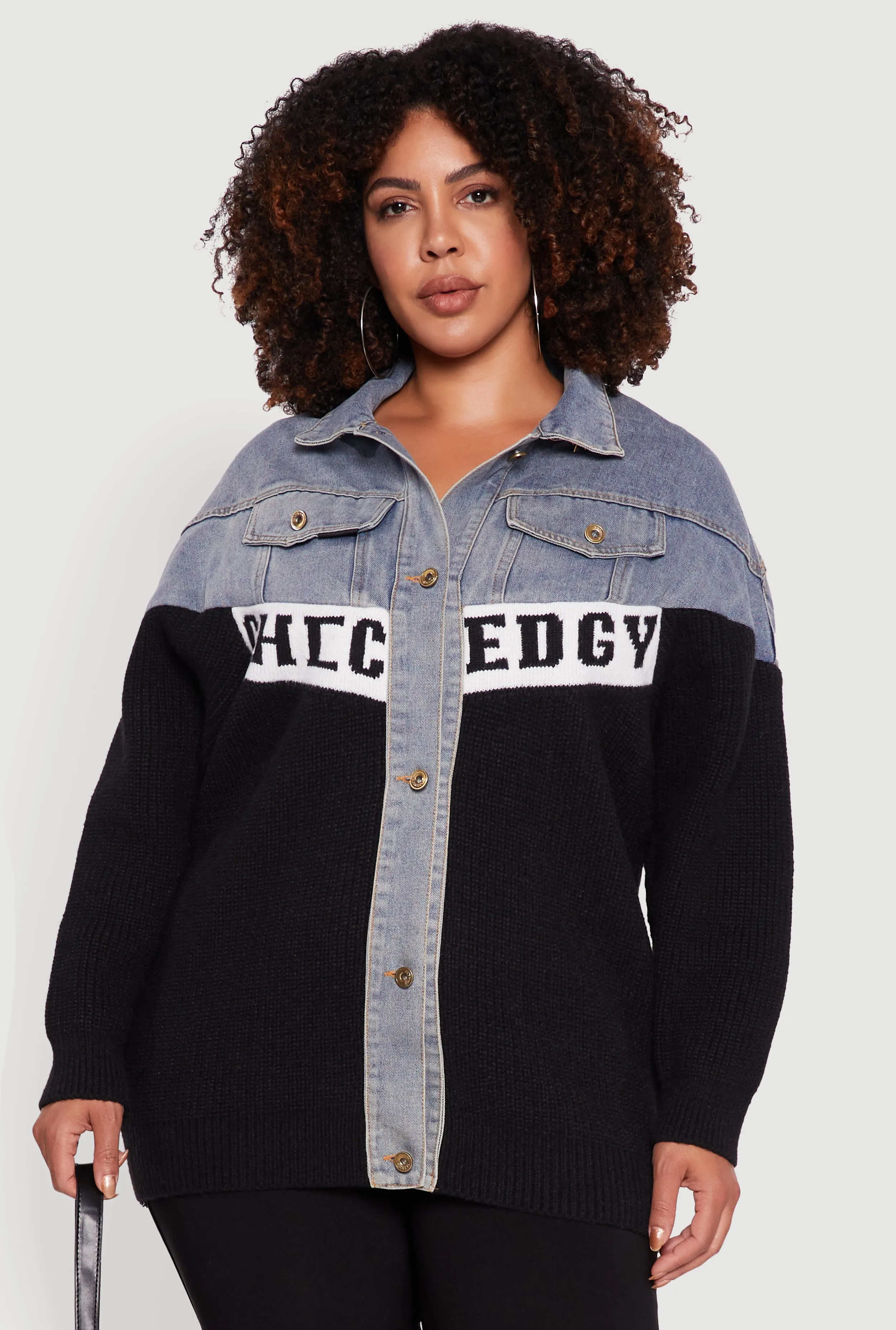 Plus Size Color Block Chic Graphic Knit Denim Jacket sold by Rainbow product image thumbnail 2