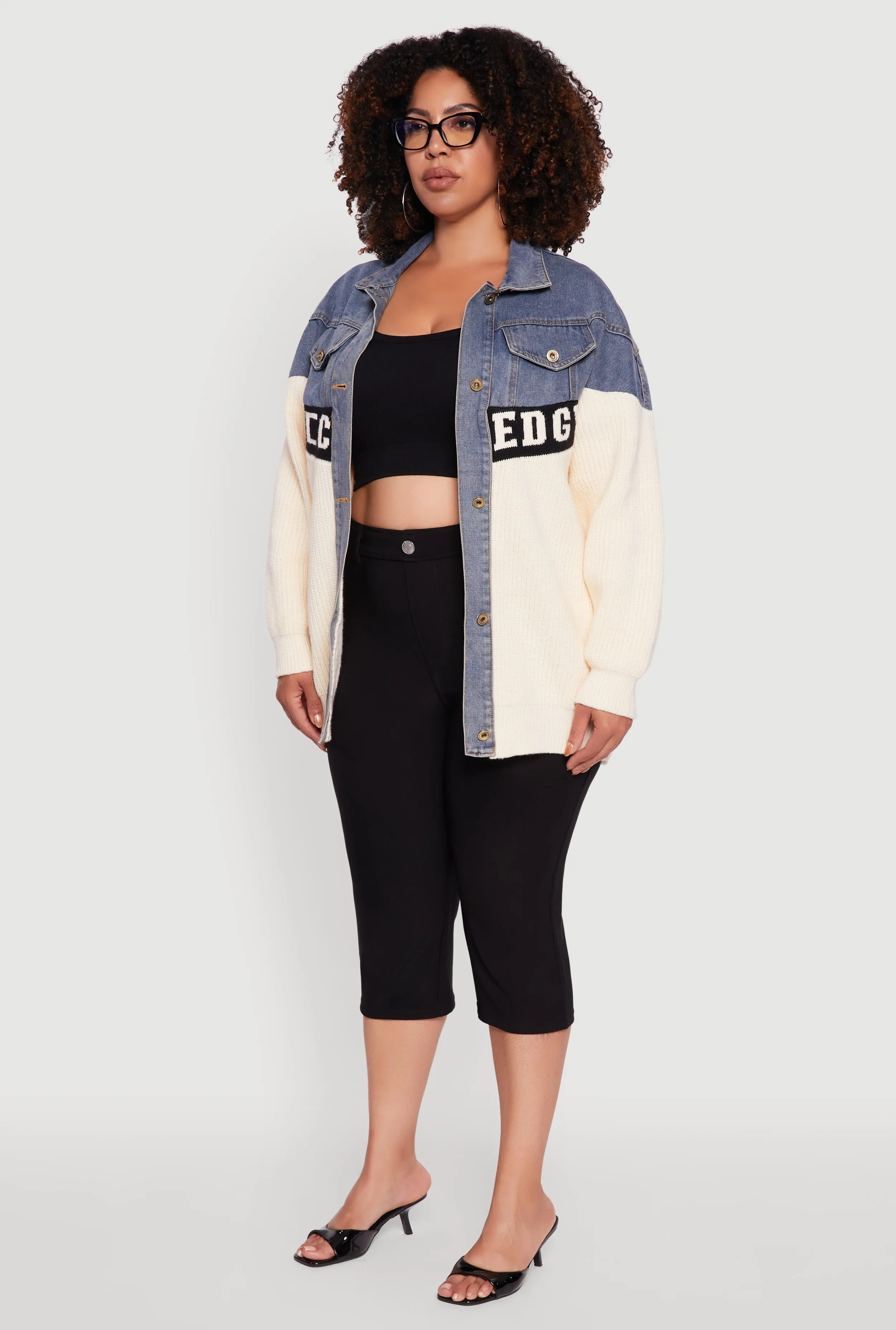 Plus Size Color Block Chic Graphic Knit Denim Jacket sold by Rainbow product image thumbnail 5