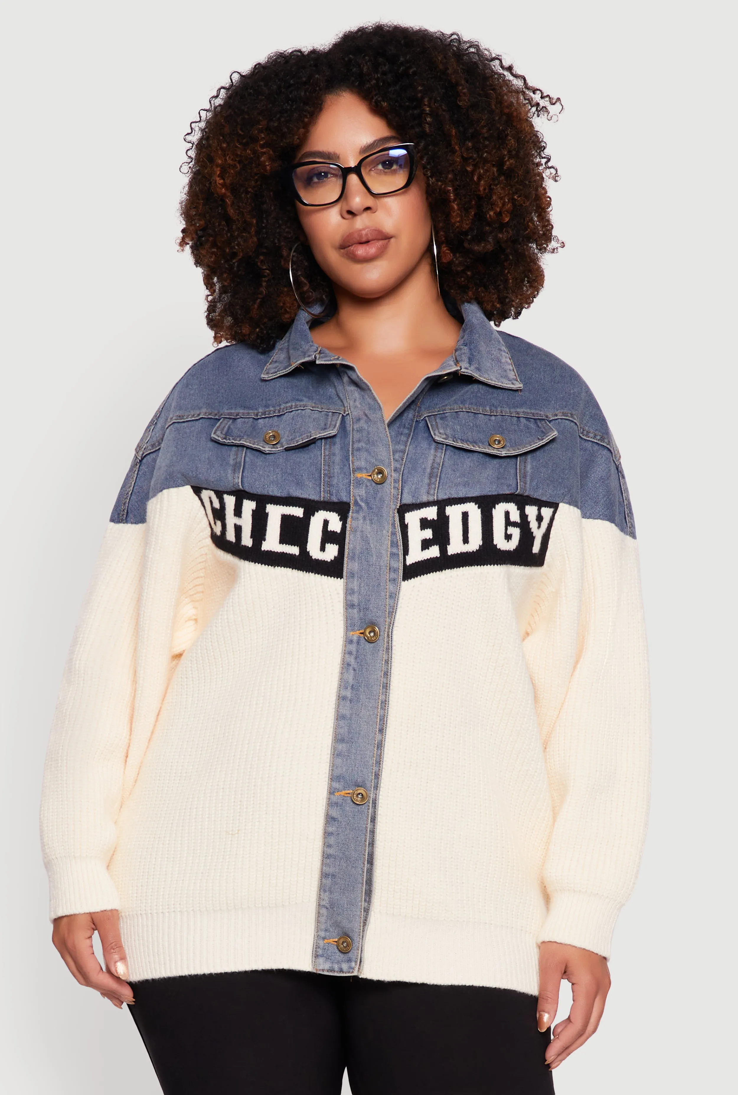 Plus Size Color Block Chic Graphic Knit Denim Jacket sold by Rainbow product image thumbnail 2