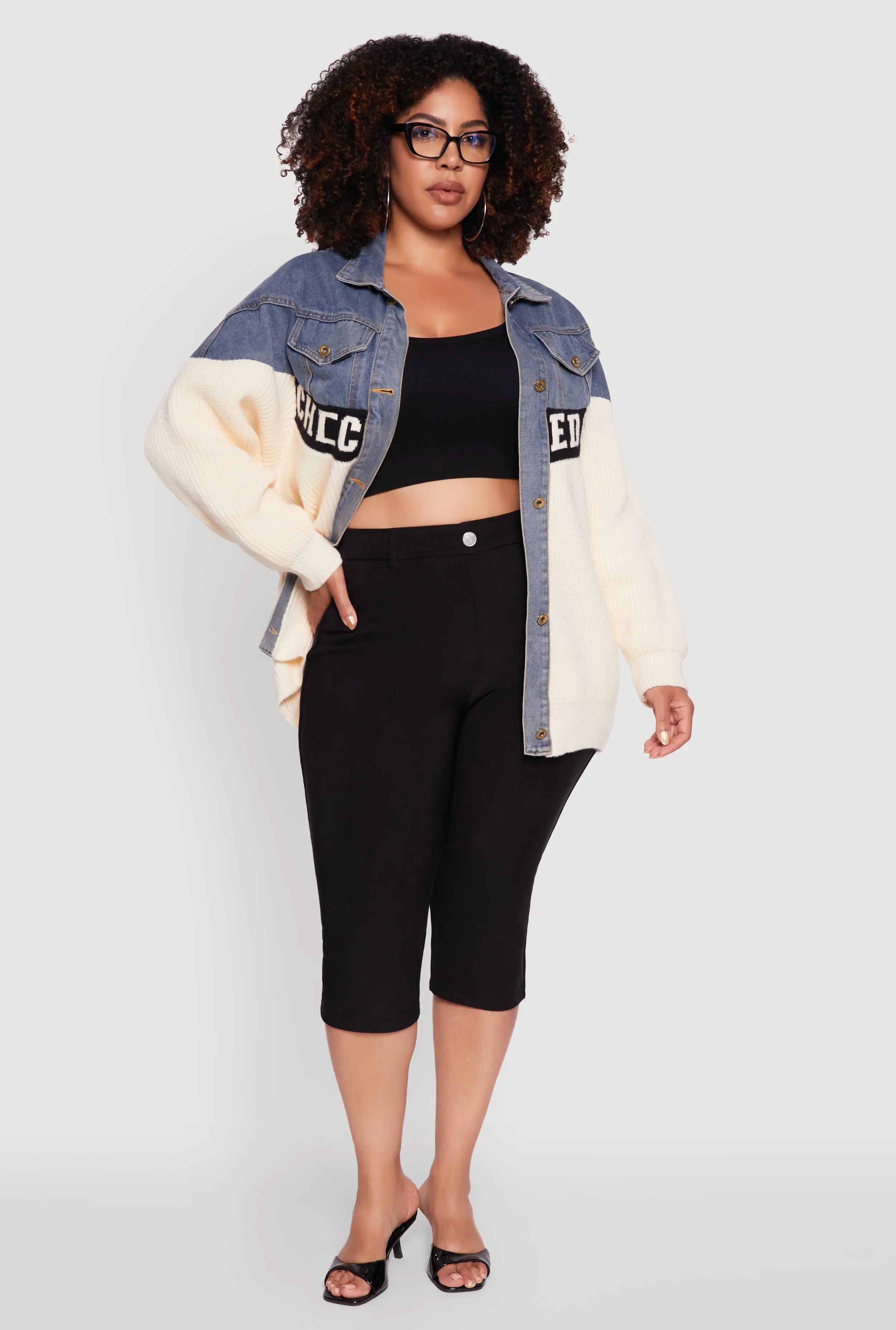 Plus Size Color Block Chic Graphic Knit Denim Jacket sold by Rainbow