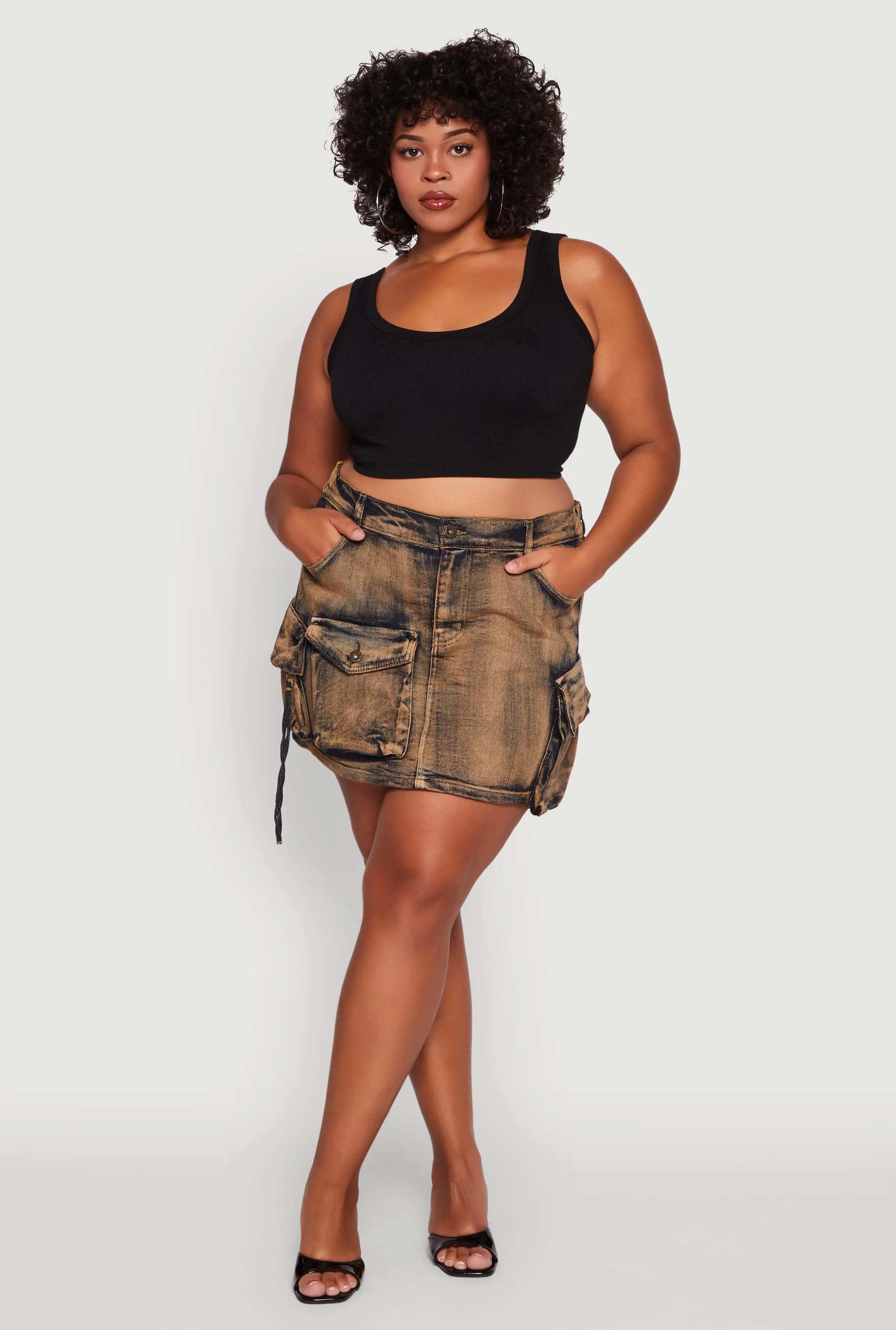 Plus Size Acid Wash High Waisted Mini Denim Skirt sold by Rainbow