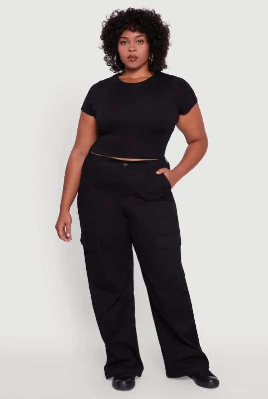 Plus Size High Waisted Twill Wide Leg Cargo Pants sold by Rainbow