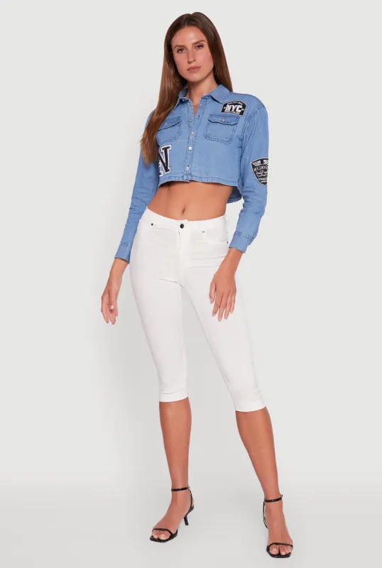 Chambray 1982 NYC Embroidered Patch Graphic Cropped Shirt sold by Rainbow