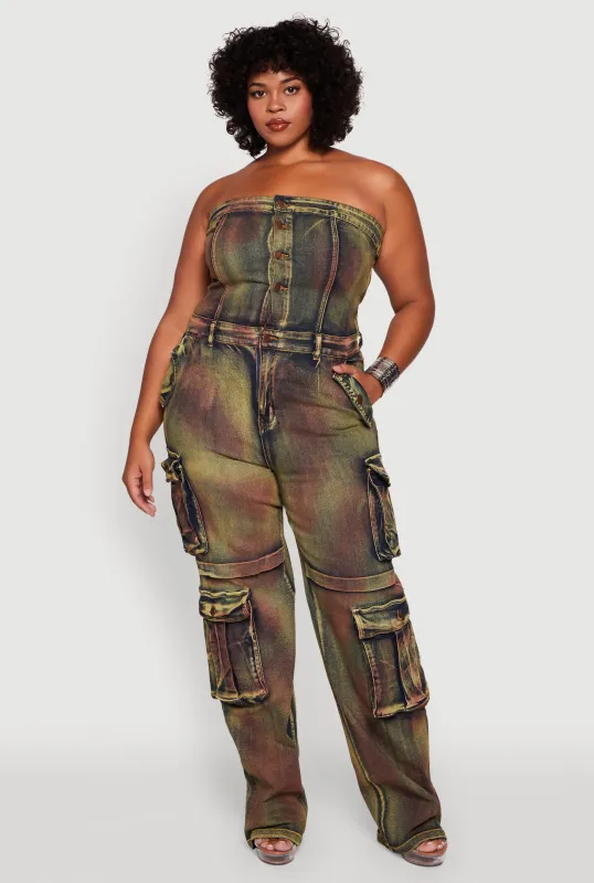 Plus Size Tie Dye Acid Wash Denim Utility Tube Jumpsuit sold by Rainbow