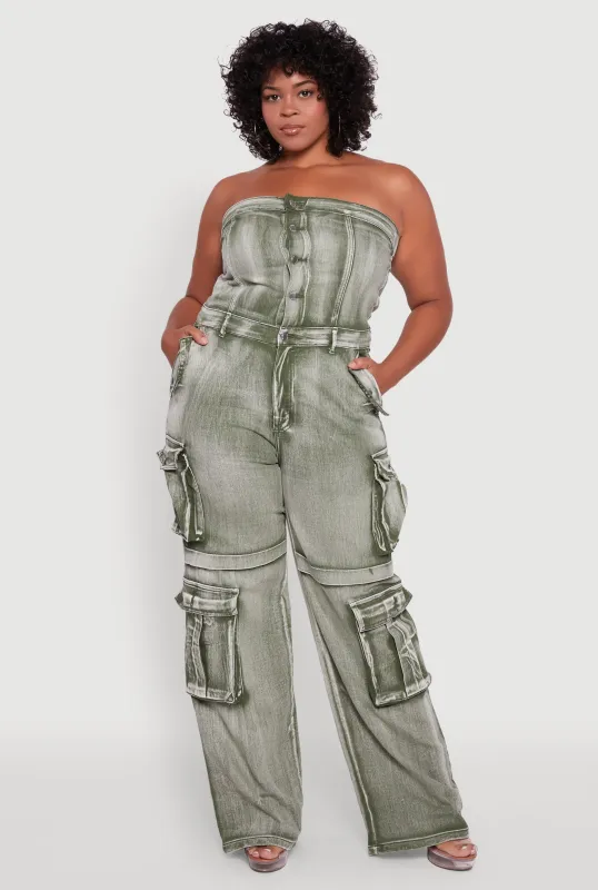 Plus Size Acid Wash Denim Cargo Pocket Jumpsuit sold by Rainbow