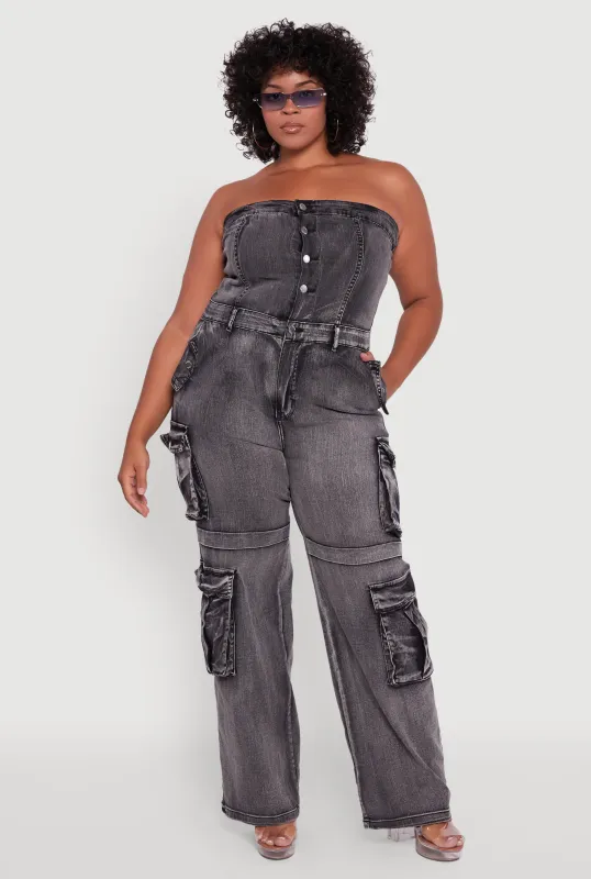 Plus Size Acid Wash Denim Cargo Pocket Jumpsuit sold by Rainbow