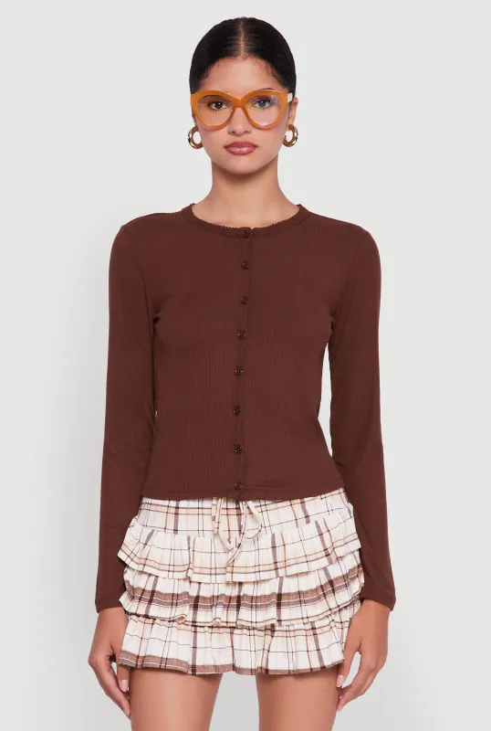 Rib Knit Button Front Long Sleeve Cardigan sold by Rainbow