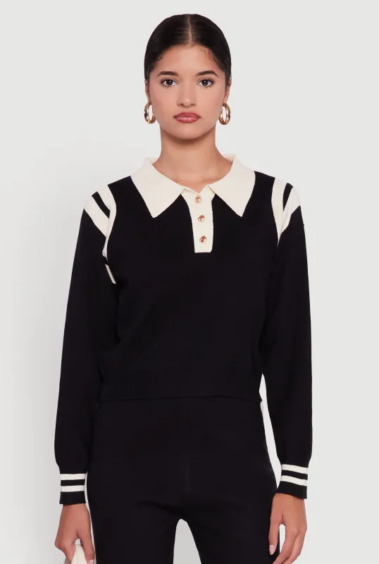 Polo Collar Sweater with Varsity Stripes sold by Rainbow