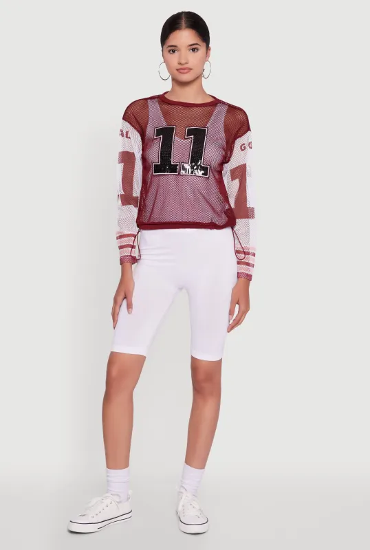 Number Sequin Fishnet Graphic Print Long Sleeve Top sold by Rainbow