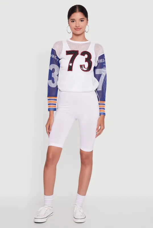 Number Sequin Fishnet Graphic Print Long Sleeve Top sold by Rainbow