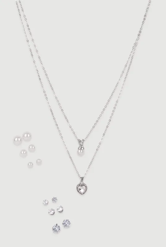 Cubic Zirconia Charm Layered Necklace with Stud Earrings sold by Rainbow