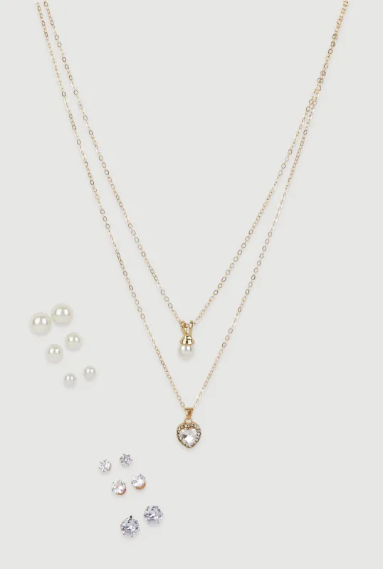 Cubic Zirconia Charm Layered Necklace with Stud Earrings sold by Rainbow