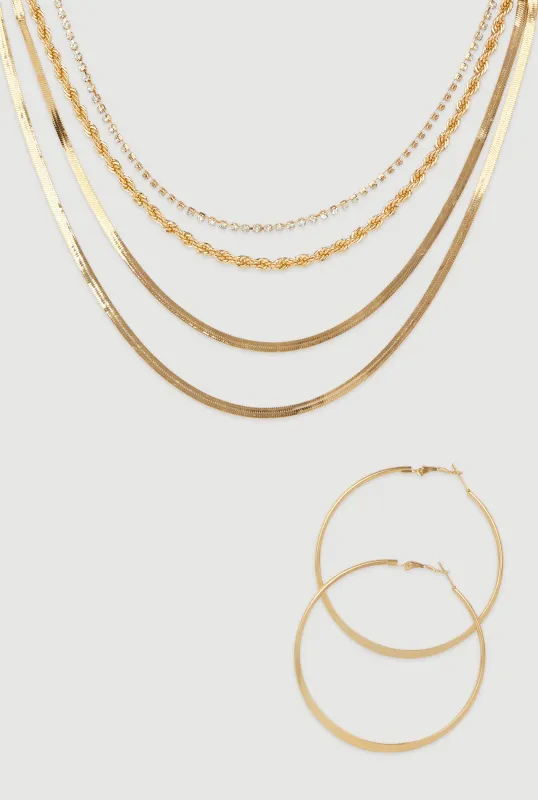 Herringbone Layered Necklace and Hoop Earrings Set sold by Rainbow