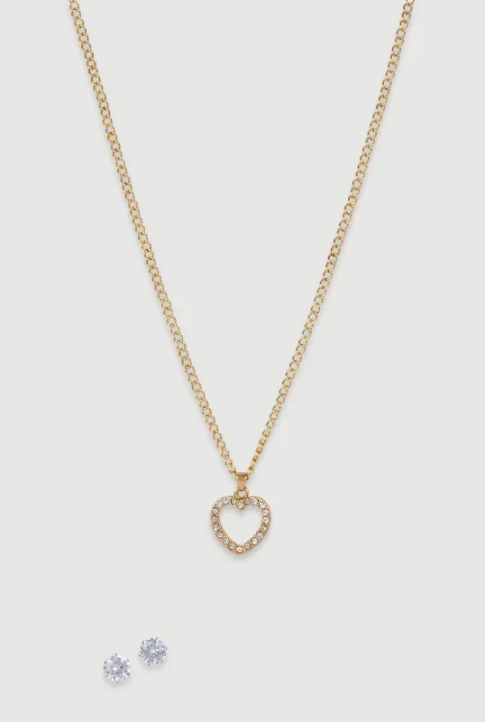 Cubic Zirconia Heart Charm Necklace and Stud Earrings Set sold by Rainbow
