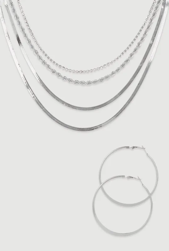 Herringbone Layered Necklace and Hoop Earrings Set sold by Rainbow