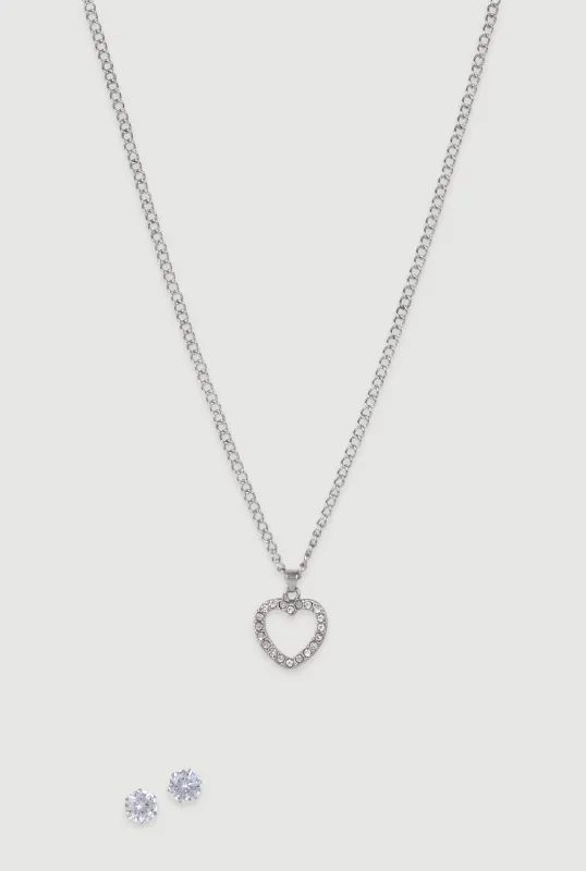 Cubic Zirconia Heart Charm Necklace and Stud Earrings Set sold by Rainbow