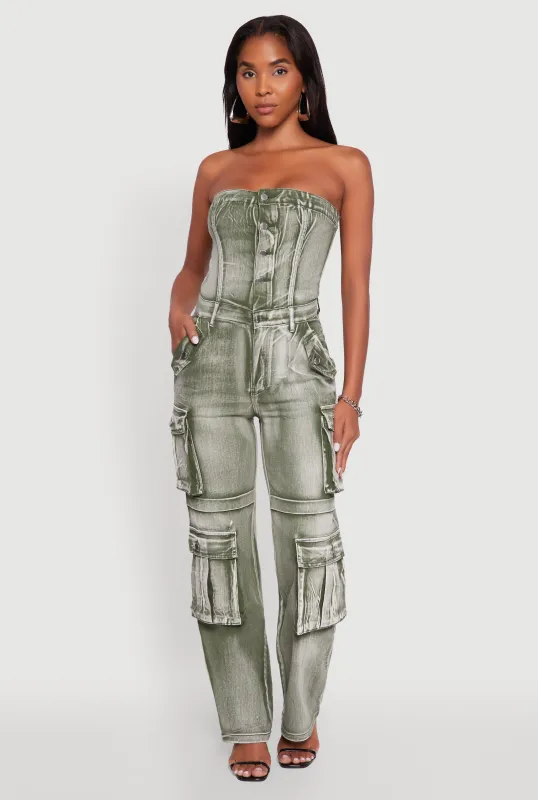 Acid Wash Denim Jumpsuit with Cargo Pockets sold by Rainbow
