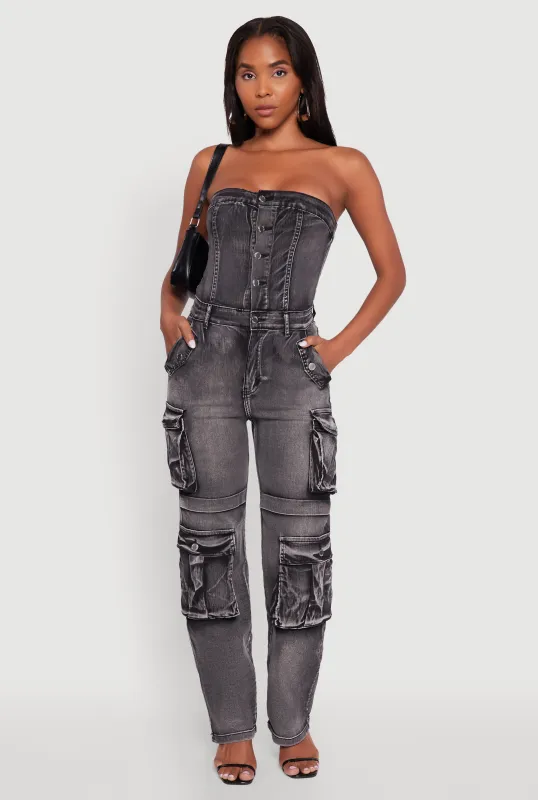 Acid Wash Denim Jumpsuit with Cargo Pockets sold by Rainbow