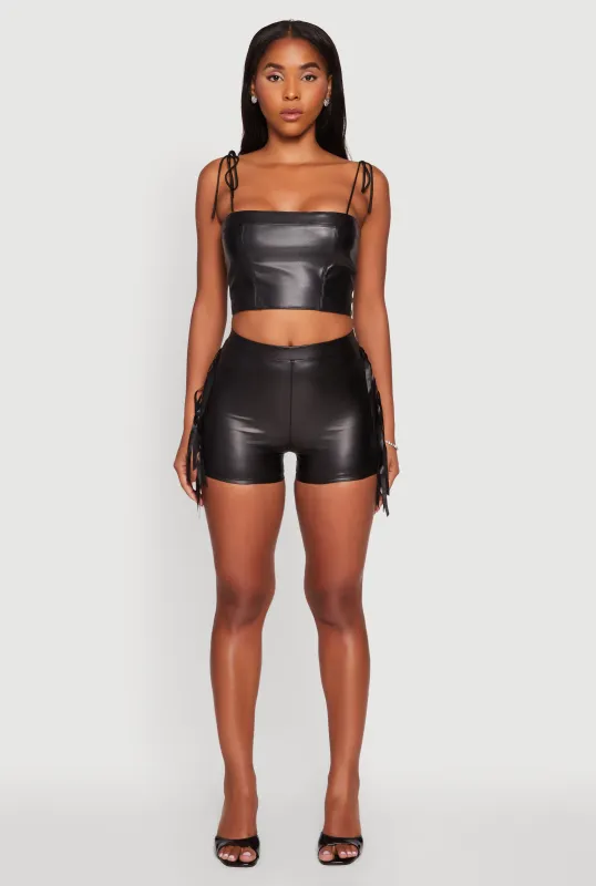 High Waisted Faux Leather Side Fringe Shorts sold by Rainbow