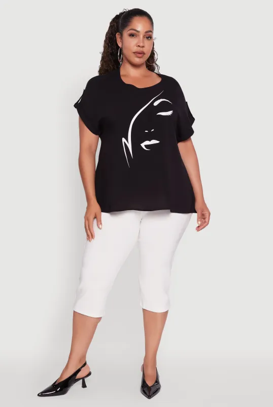 Plus Size Abstract Face Graphic Tabbed Sleeve Tee made by Rainbow
