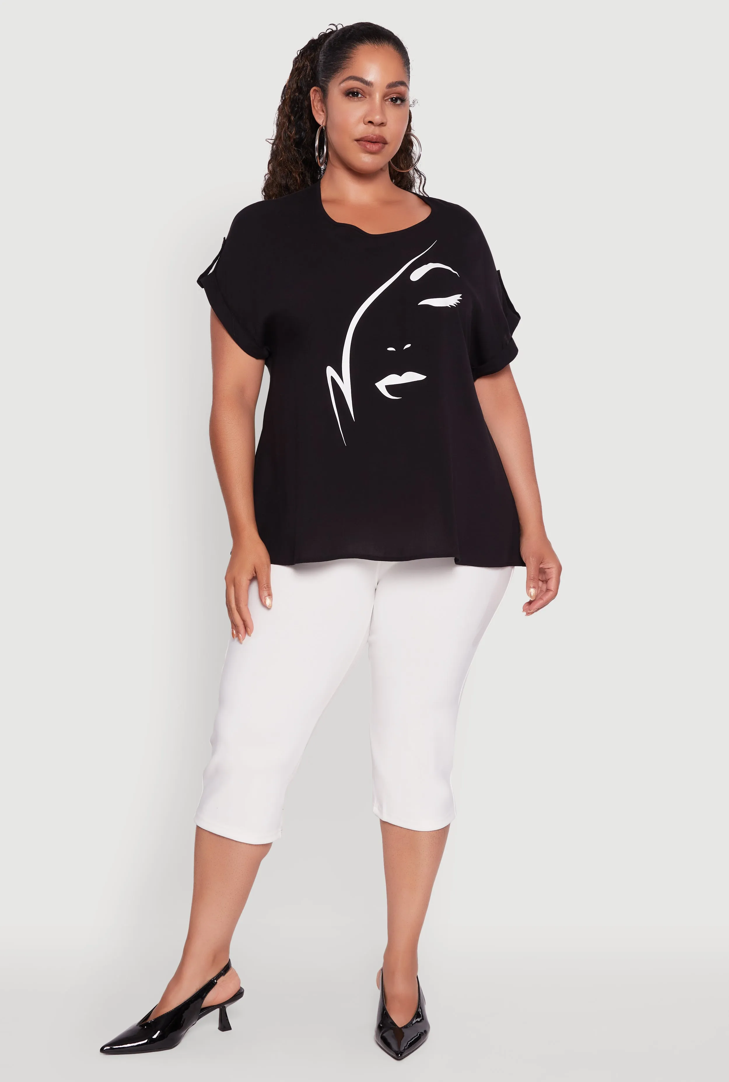 Plus Size Abstract Face Graphic Tabbed Sleeve Tee sold by Rainbow