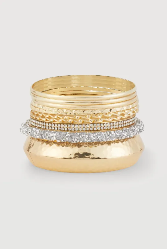 Plus Size Assorted Rhinestone Metallic Bangle Set of 10 sold by Rainbow