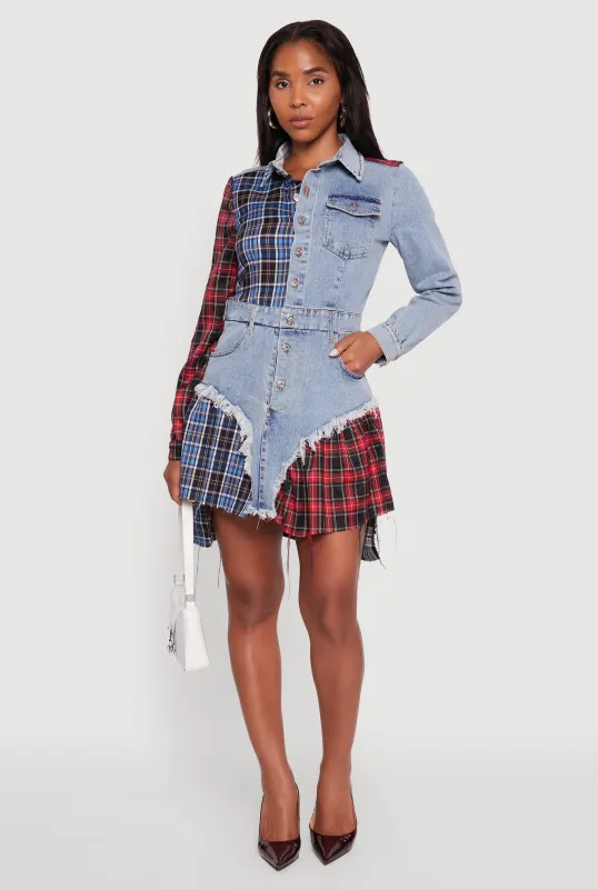 Plaid Patchwork Denim Shirt Dress sold by Rainbow