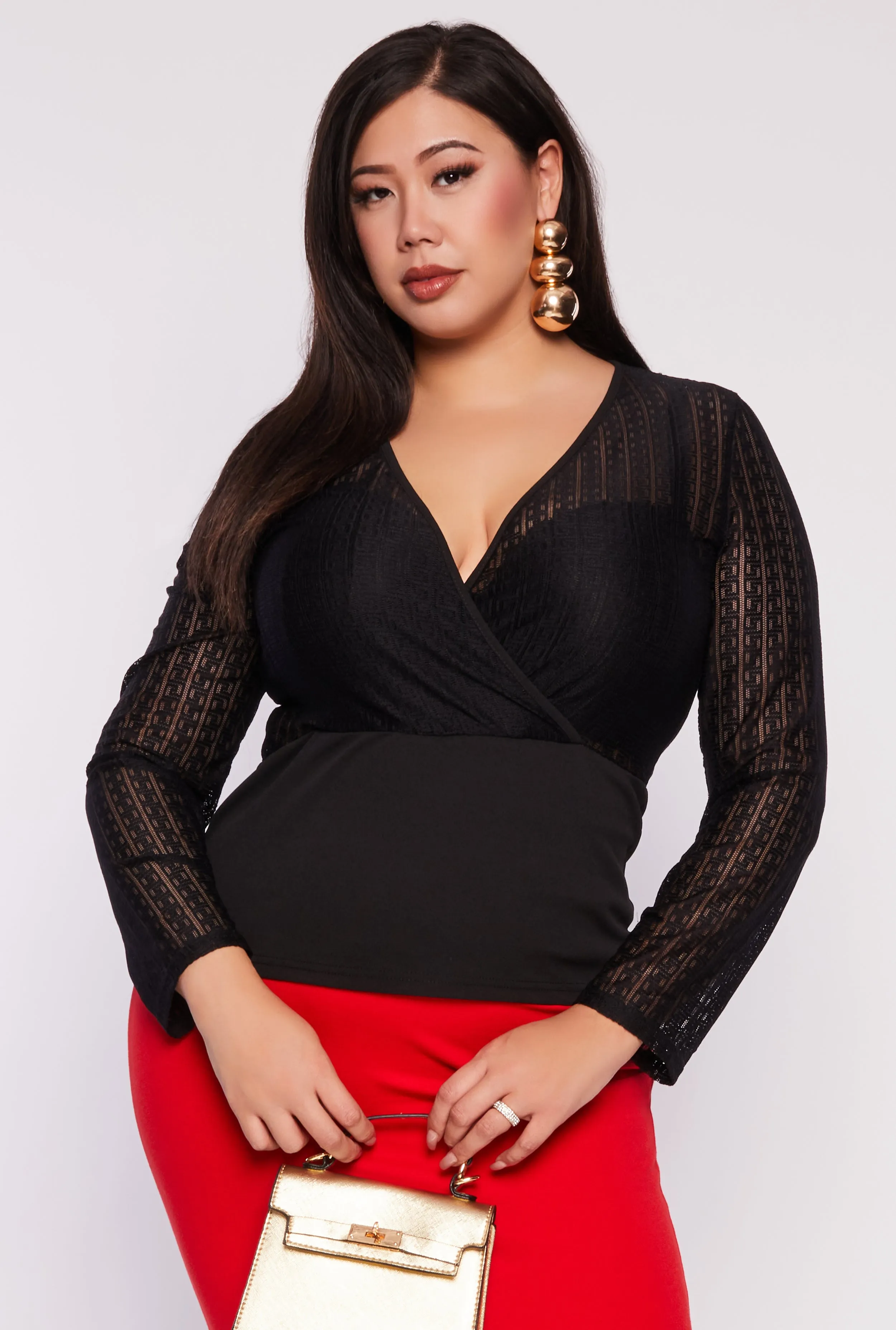 Plus Size Geometric Mesh Faux Wrap Top sold by Rainbow