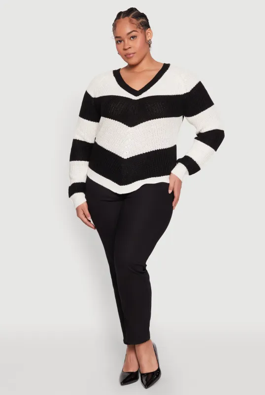Plus Size Chevron Knit Lace Up V Neck Sweater sold by Rainbow