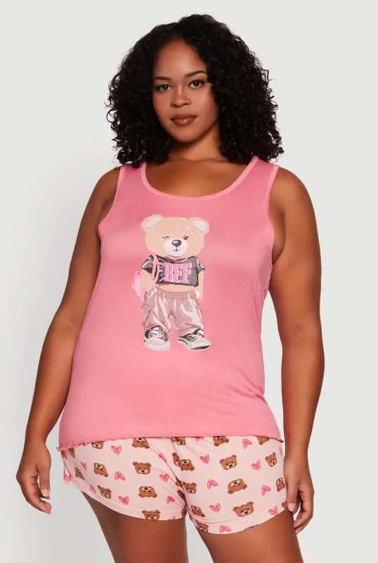 Plus Size Teddy Bear BFF Graphic Pajama Top and Shorts sold by Rainbow