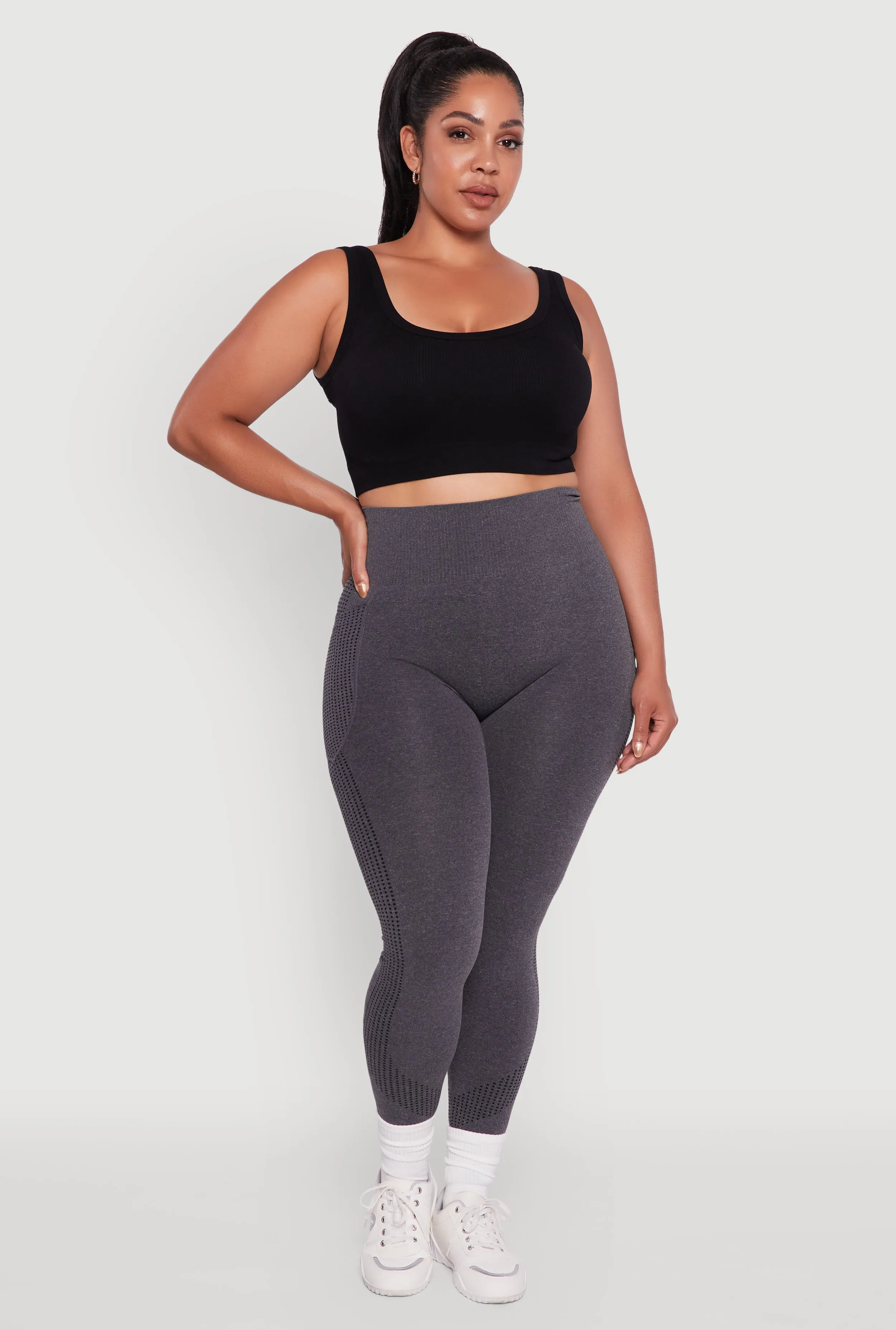 Plus Size Textured Knit Detail High Waisted Leggings with Cell Pocket sold by Rainbow
