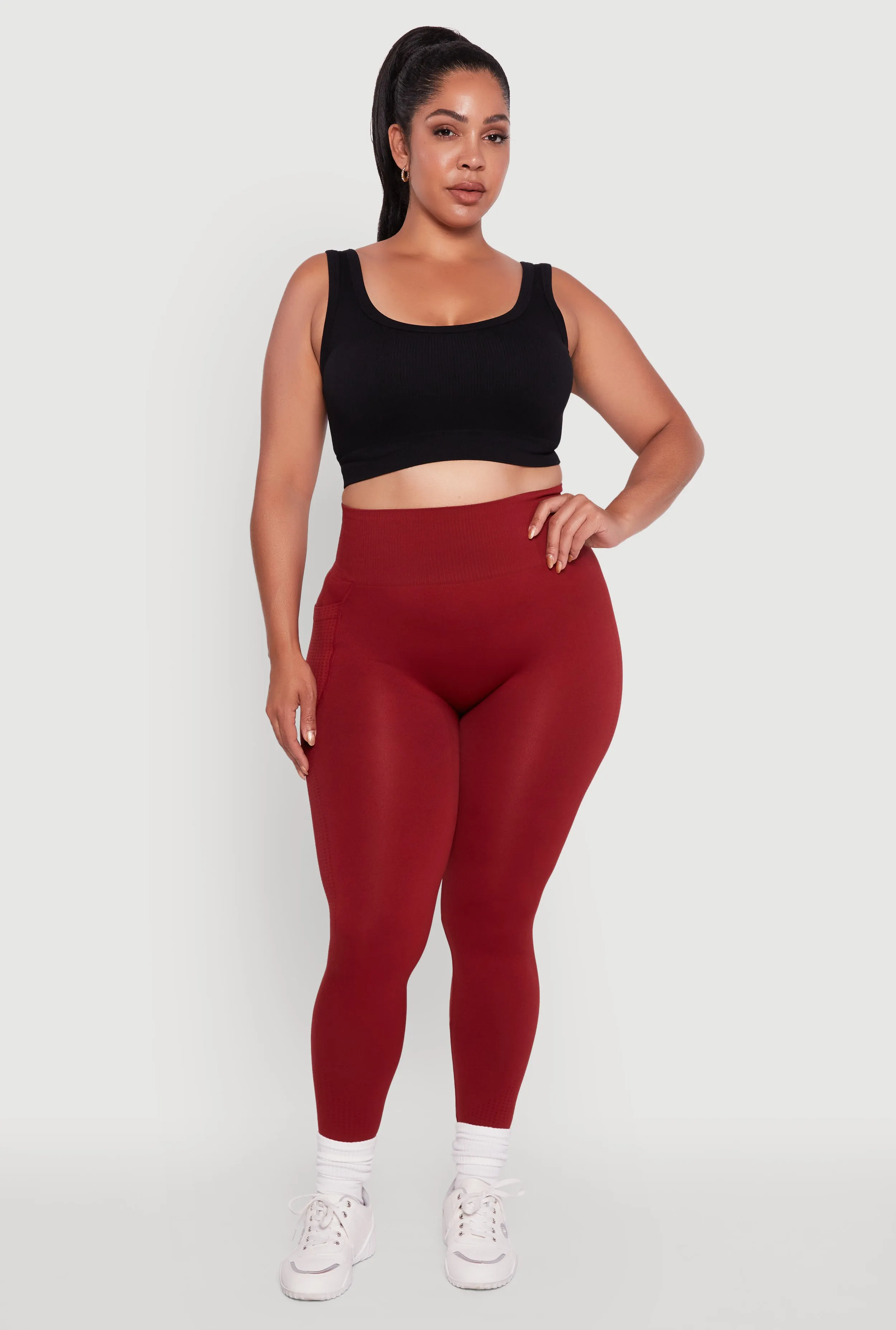 Plus Size Textured Knit Detail High Waisted Leggings with Cell Pocket sold by Rainbow