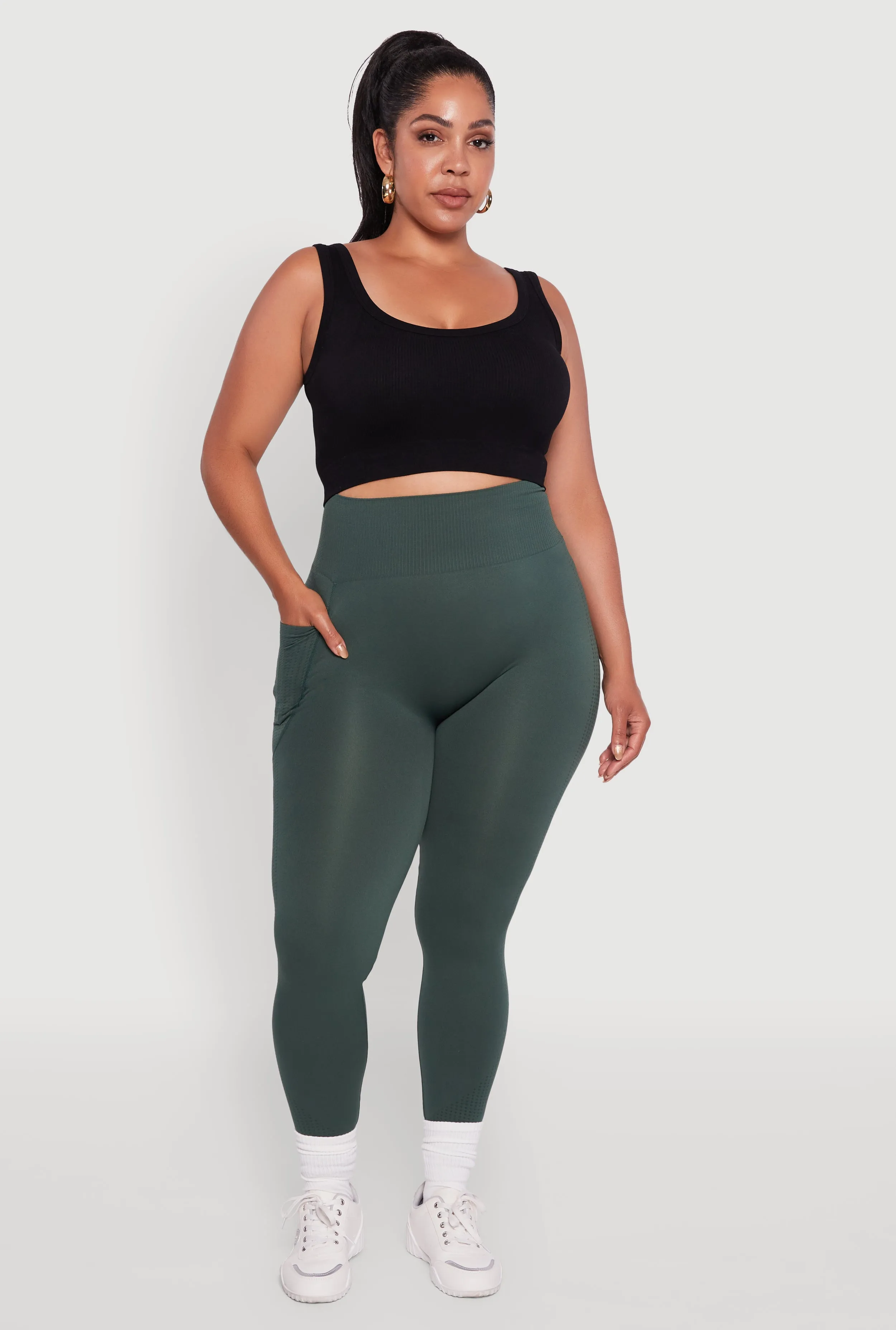 Plus Size Textured Knit Detail High Waisted Leggings with Cell Pocket sold by Rainbow