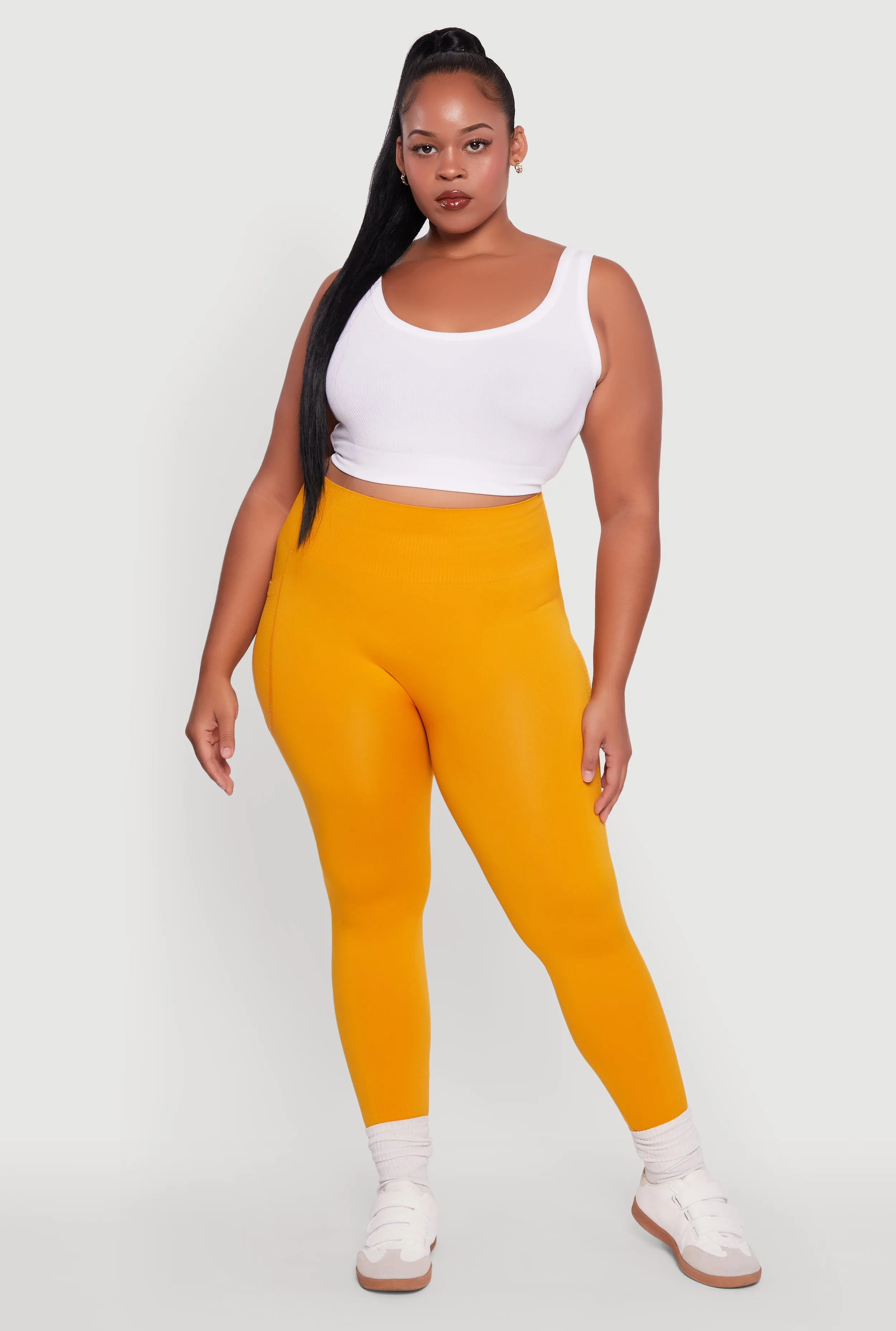 Plus Size Textured Knit Detail High Waisted Leggings with Cell Pocket sold by Rainbow