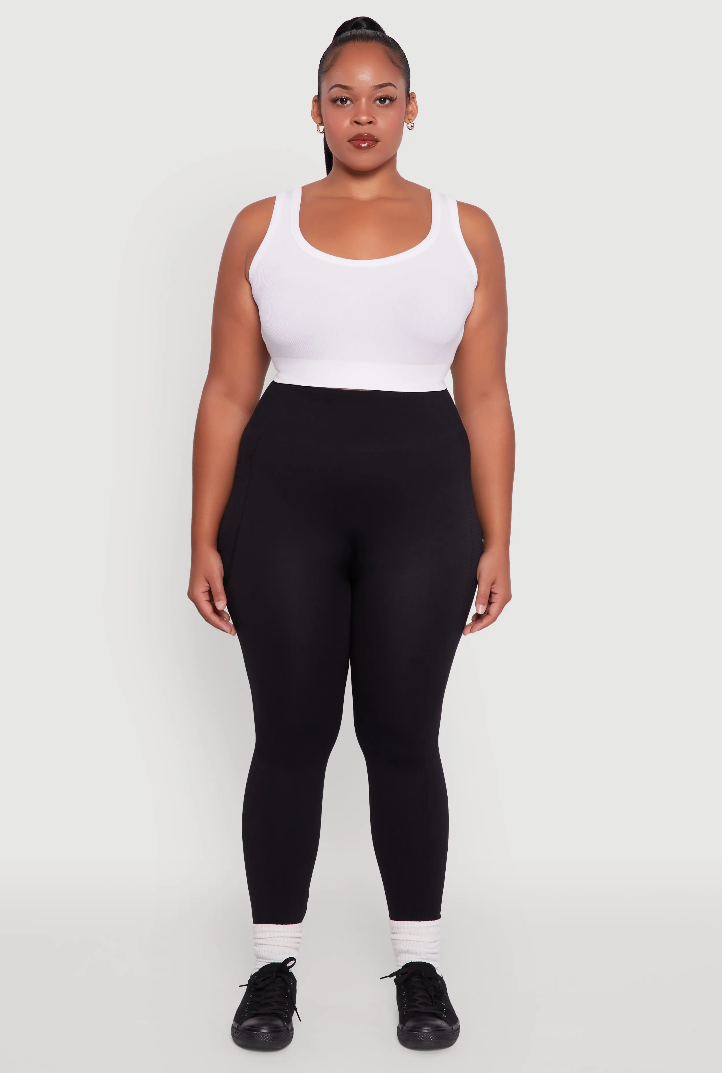 Plus Size Textured Knit Detail High Waisted Leggings with Cell Pocket sold by Rainbow product image thumbnail 2