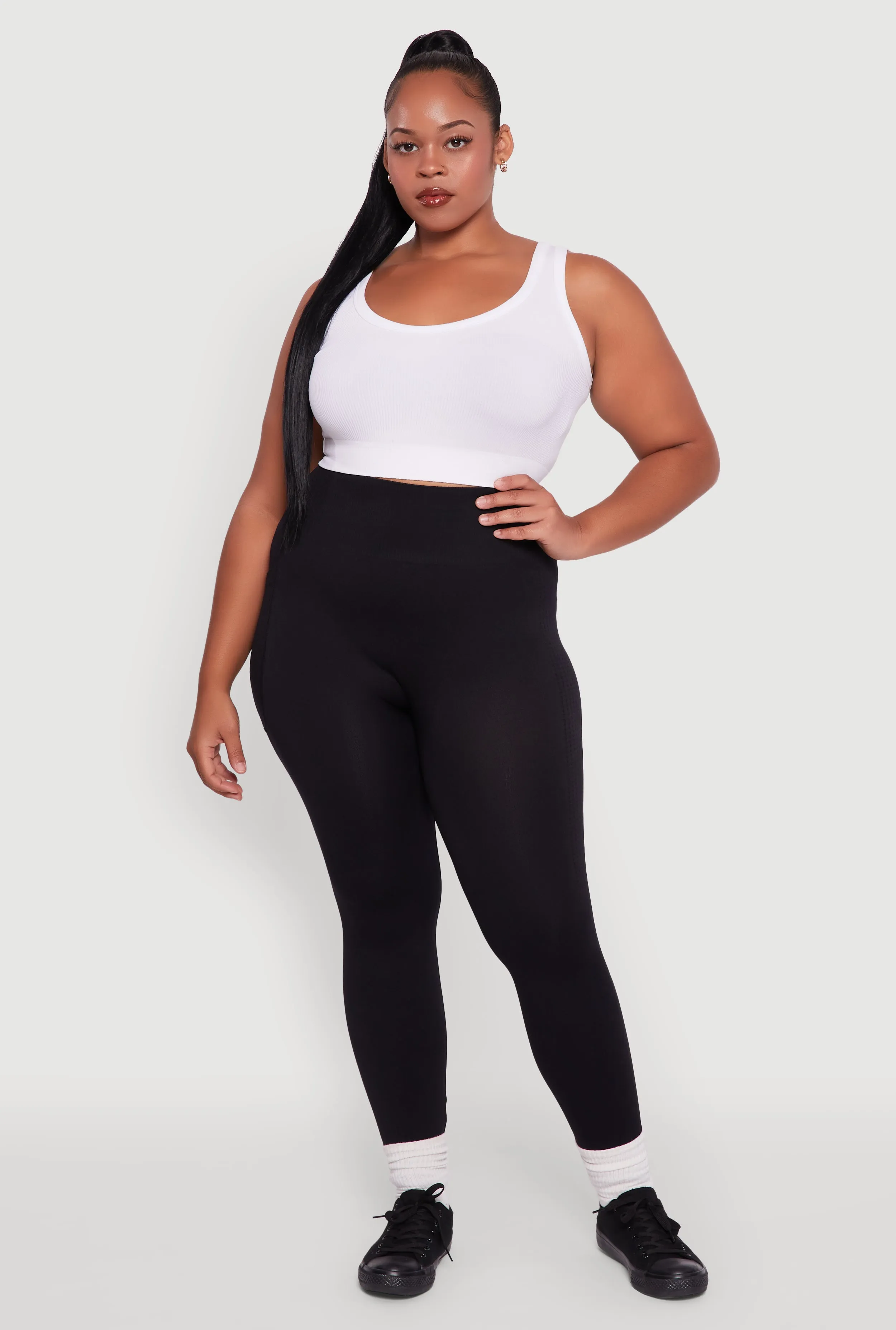 Plus Size Textured Knit Detail High Waisted Leggings with Cell Pocket sold by Rainbow