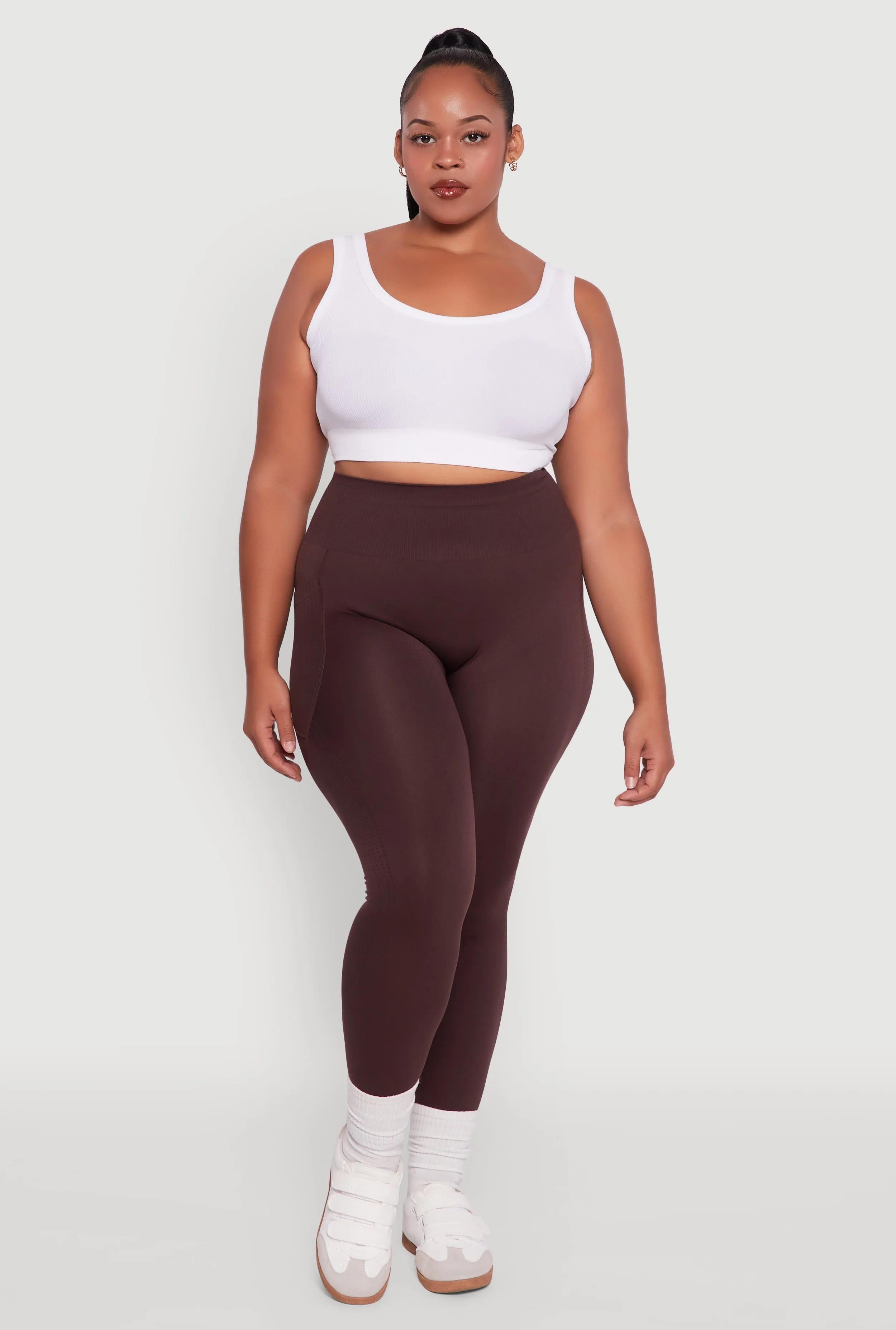 Plus Size Textured Knit Detail High Waisted Leggings with Cell Pocket sold by Rainbow