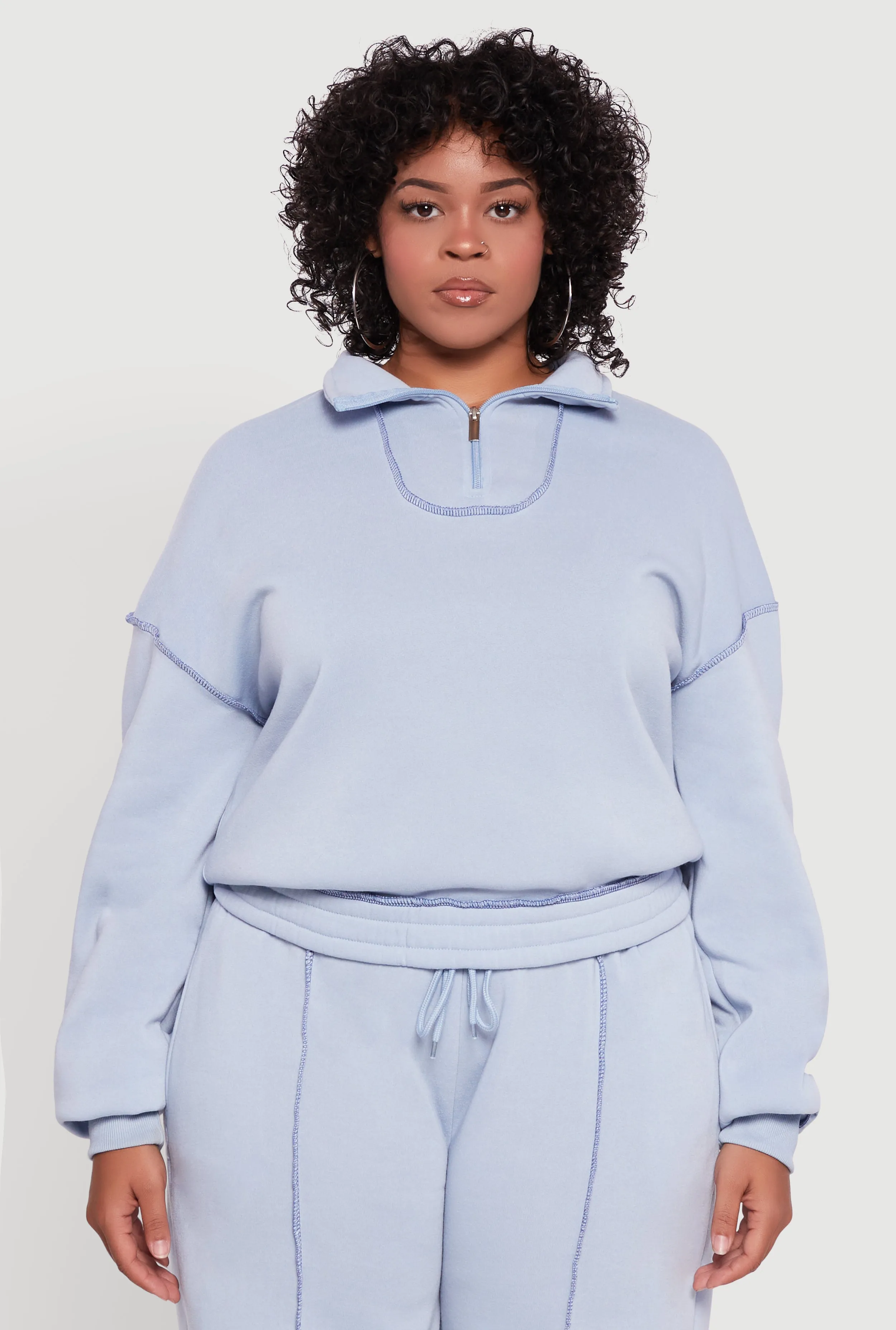 Plus Size Half Zip Decorative Stitch Fleece Lined Sweatshirt sold by Rainbow product image thumbnail 3