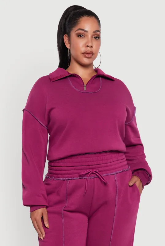 Plus Size Half Zip Decorative Stitch Fleece Lined Sweatshirt sold by Rainbow