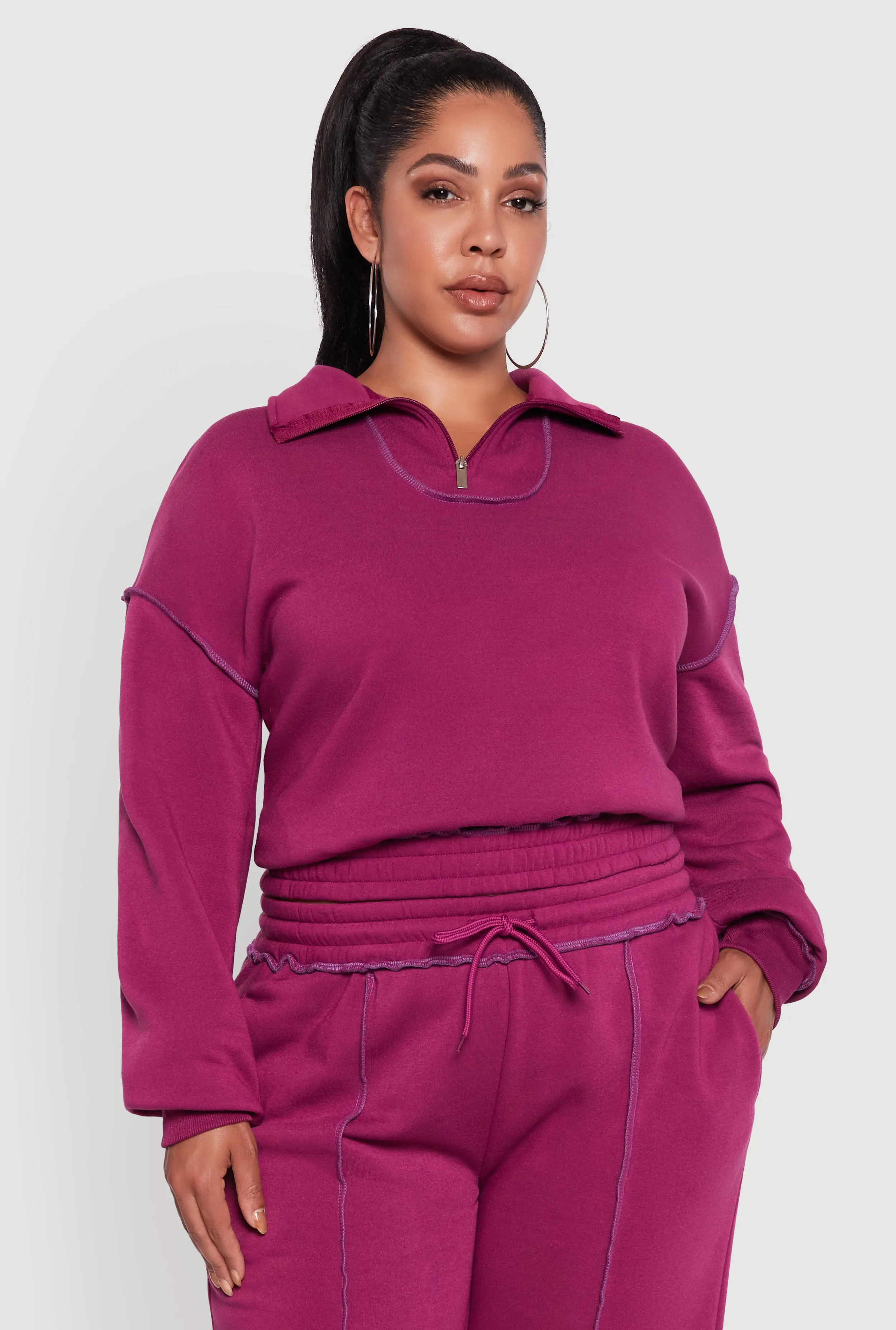 Plus Size Half Zip Decorative Stitch Fleece Lined Sweatshirt sold by Rainbow