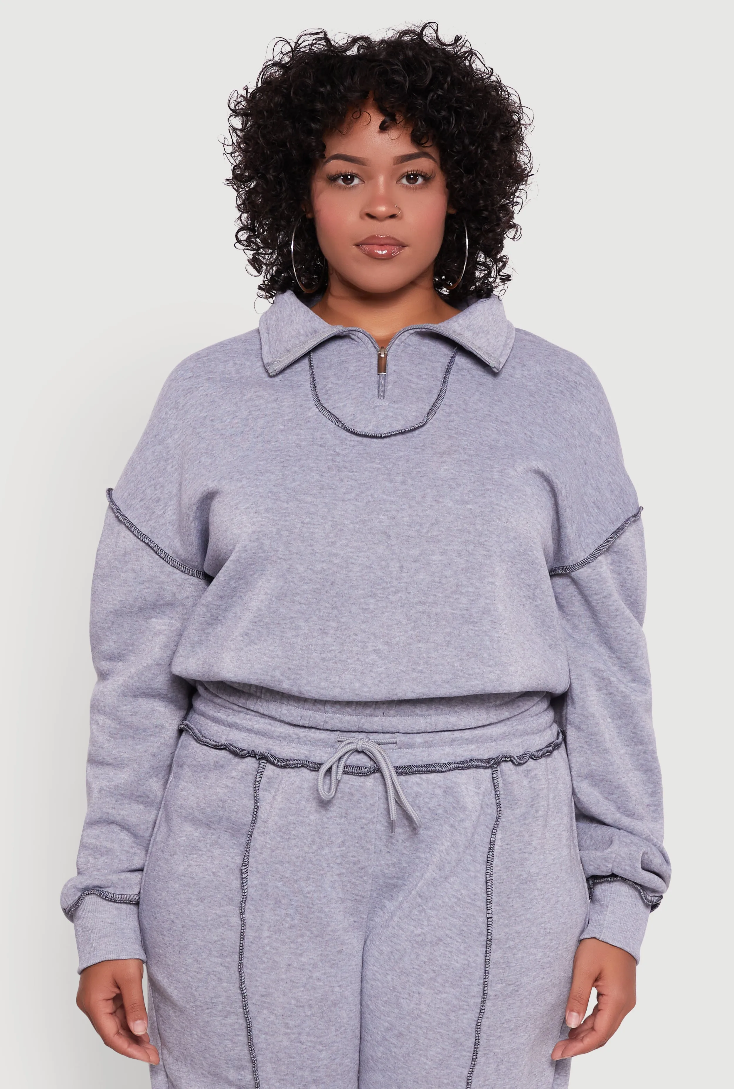 Plus Size Half Zip Decorative Stitch Fleece Lined Sweatshirt sold by Rainbow