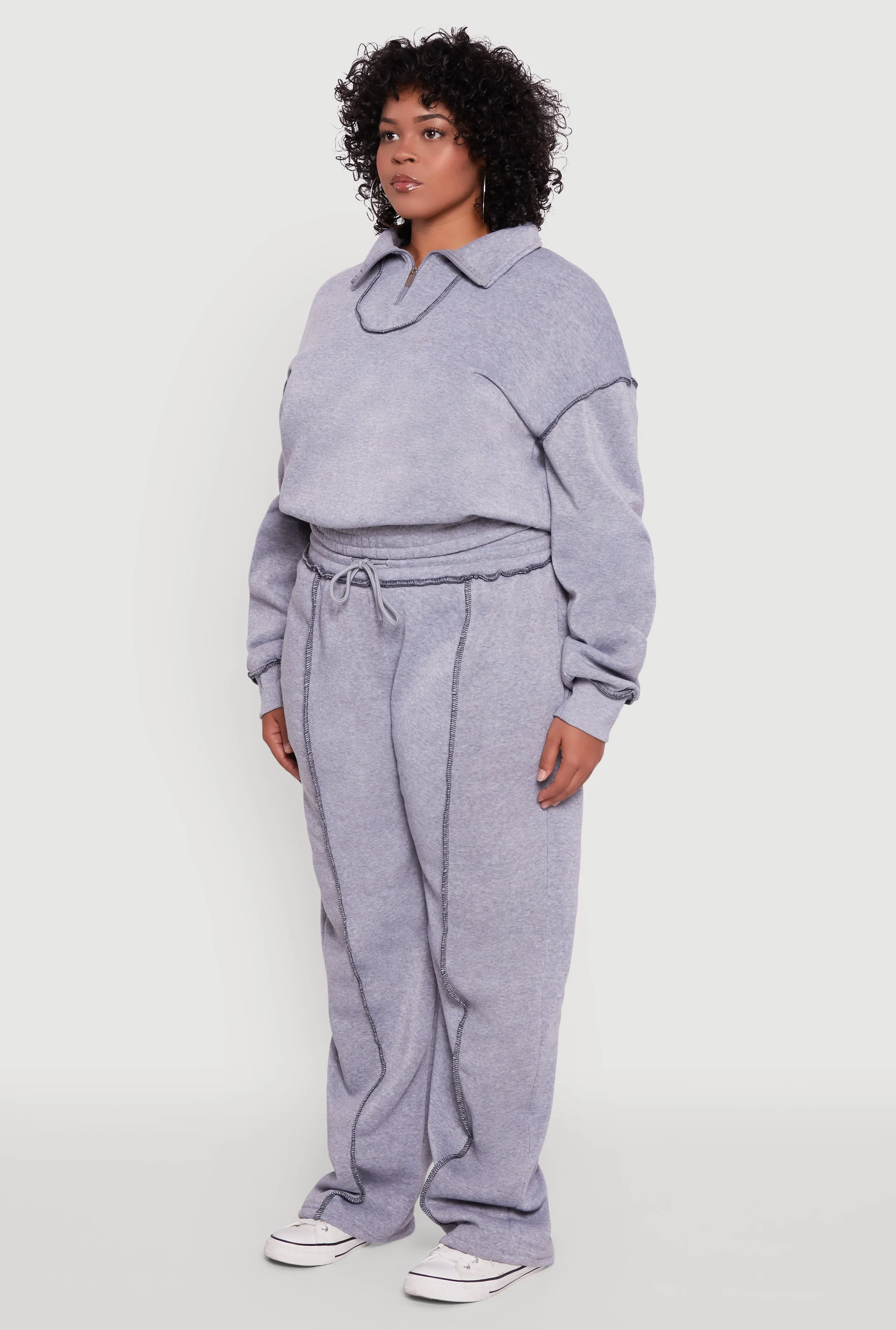 Plus Size Half Zip Decorative Stitch Fleece Lined Sweatshirt sold by Rainbow product image thumbnail 5