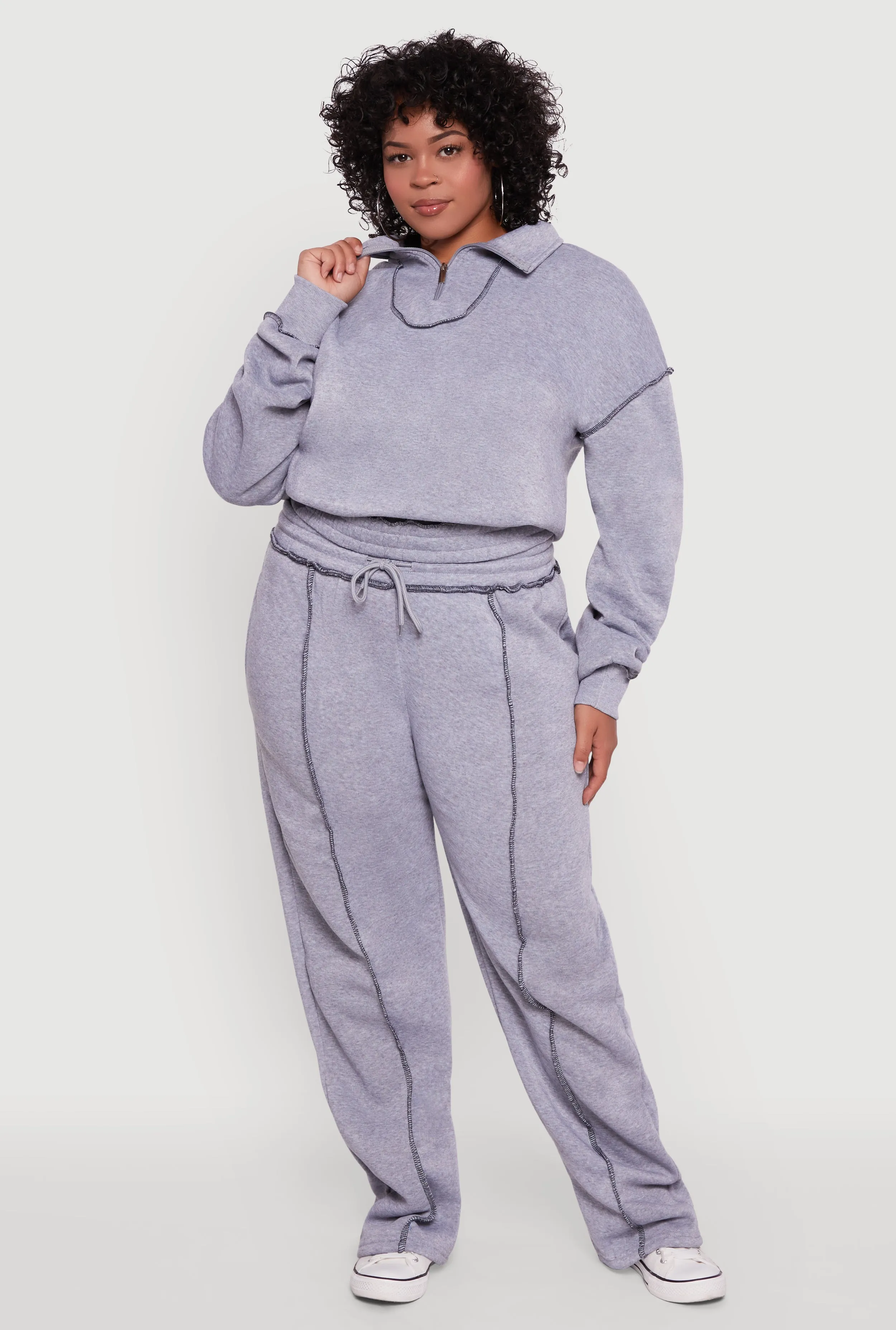 Plus Size Half Zip Decorative Stitch Fleece Lined Sweatshirt sold by Rainbow product image thumbnail 2