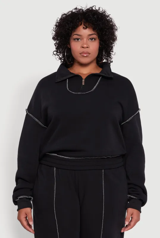 Plus Size Half Zip Decorative Stitch Fleece Lined Sweatshirt sold by Rainbow