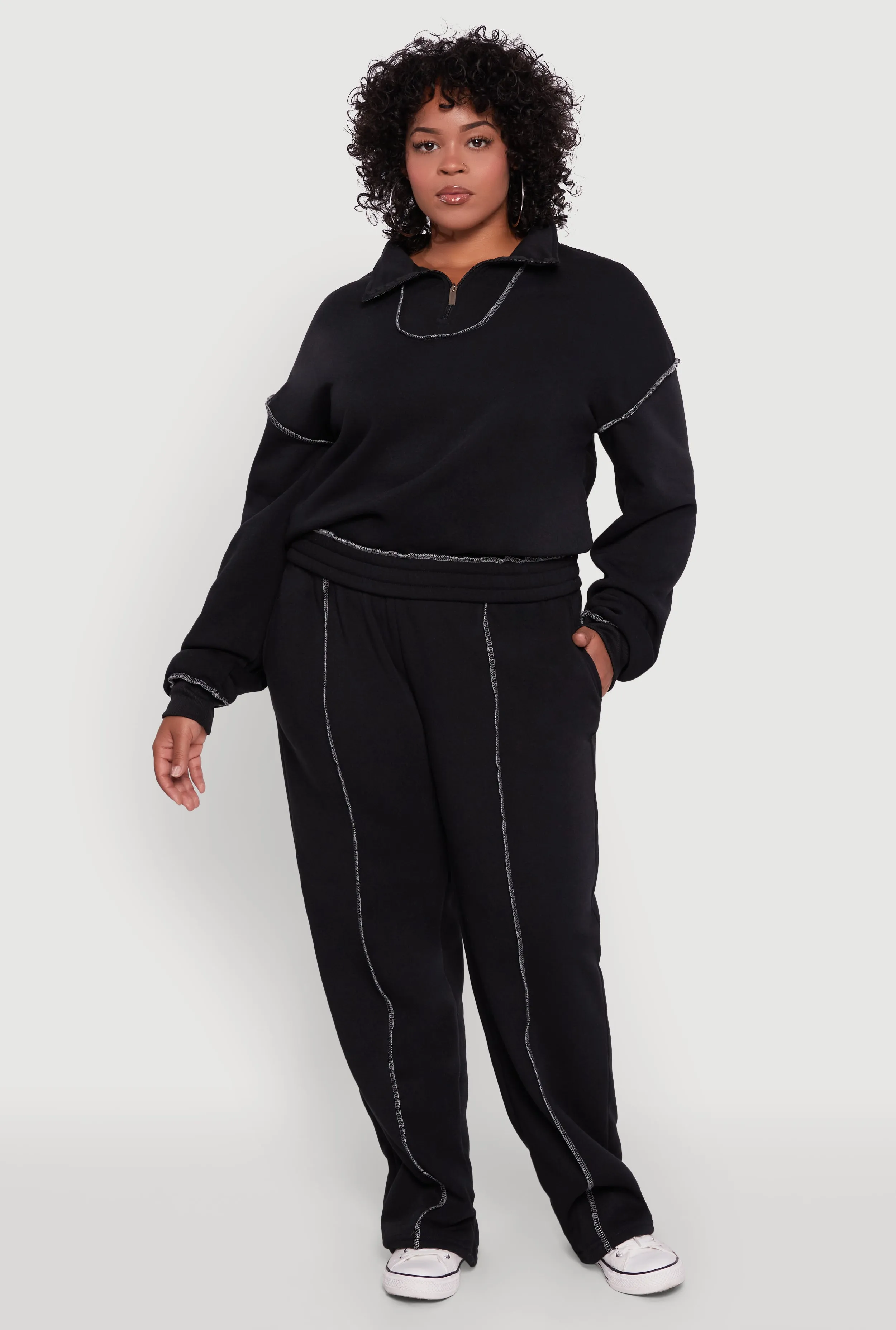 Plus Size Half Zip Decorative Stitch Fleece Lined Sweatshirt sold by Rainbow product image thumbnail 2