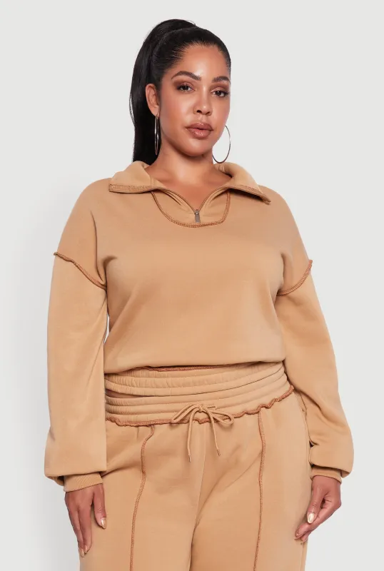 Plus Size Half Zip Decorative Stitch Fleece Lined Sweatshirt sold by Rainbow
