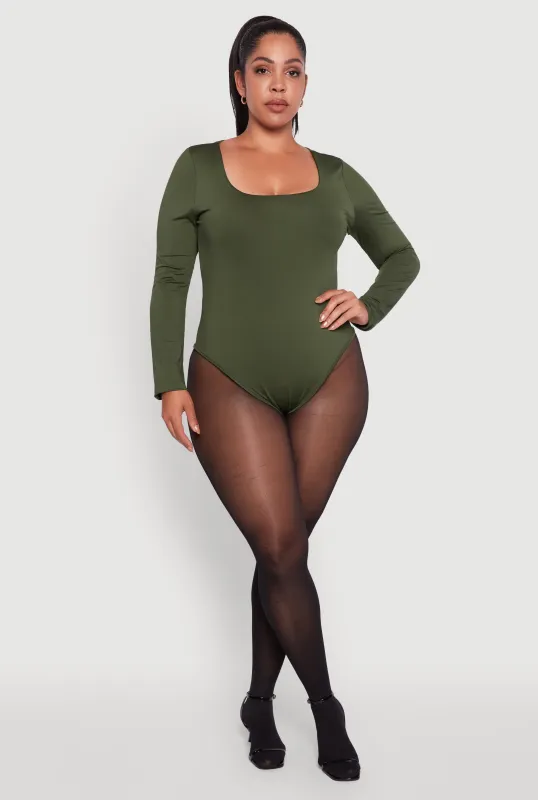 Plus Size Solid Scoop Neck Long Sleeve Bodysuit sold by Rainbow