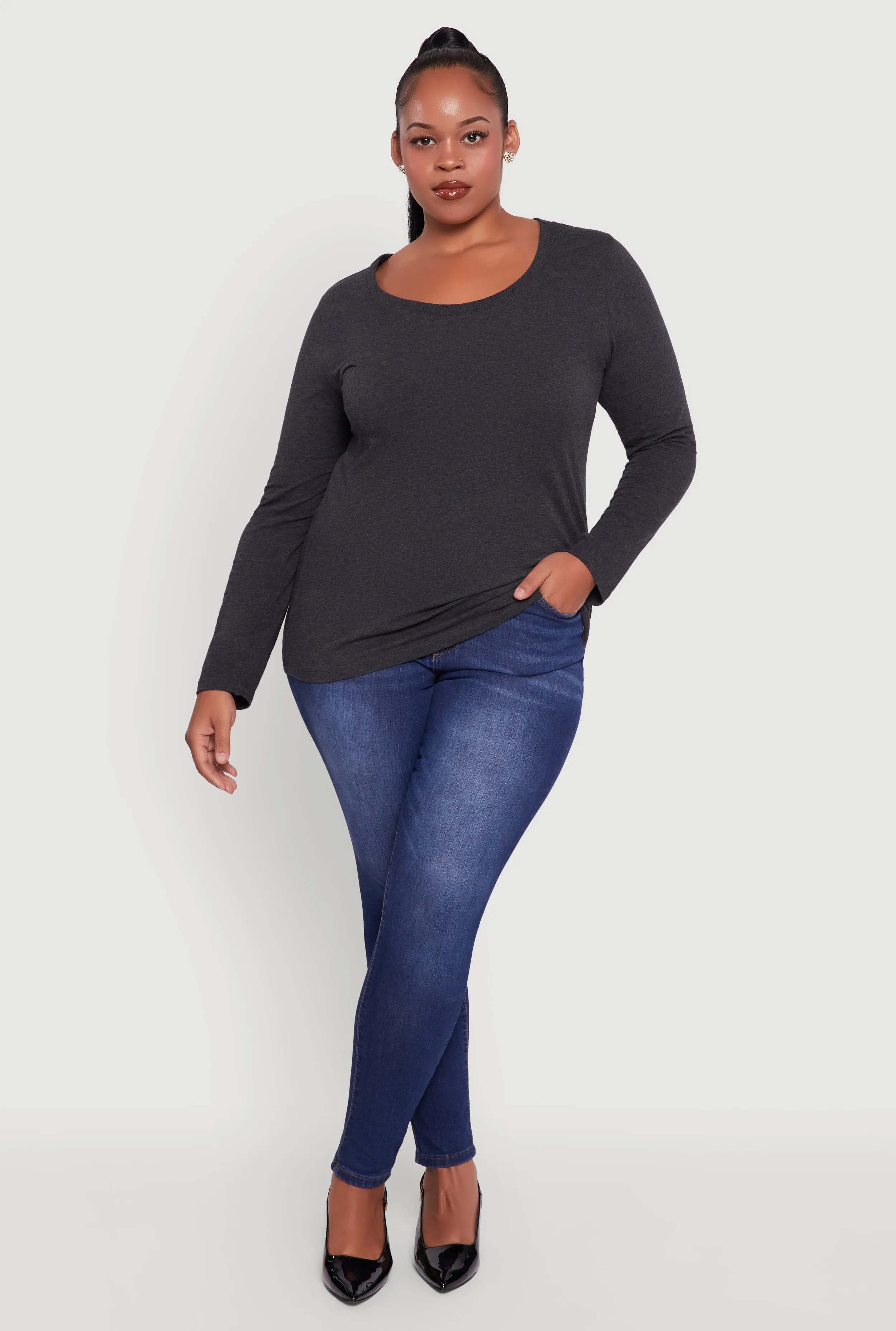 Plus Size Long Sleeve Scoop Neck Tee sold by Rainbow